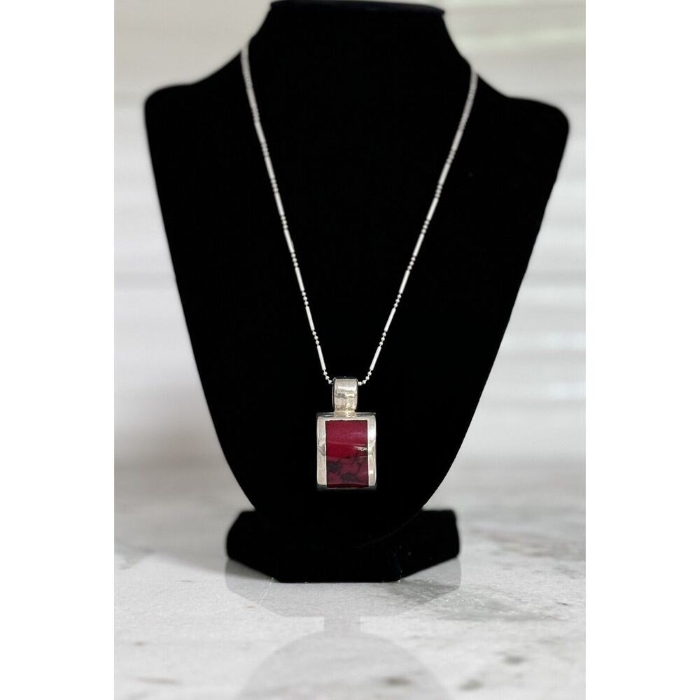 Vintage Sterling Silver Taxco Mexico Red Jasper Pendant Necklace 18in